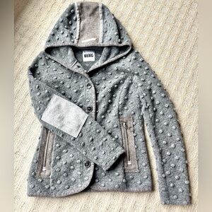 Wool Blend Patchwork Knit Hooded Cardigan Jacket Grey Tan Size XS